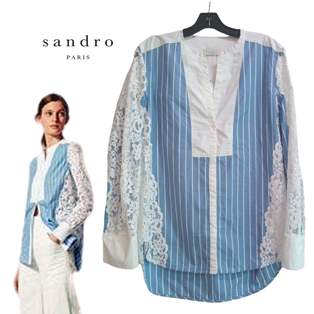SANDRO Paris NEW DEVE Lace Panels Stripe Collarless Long Sleeve Shirt 40